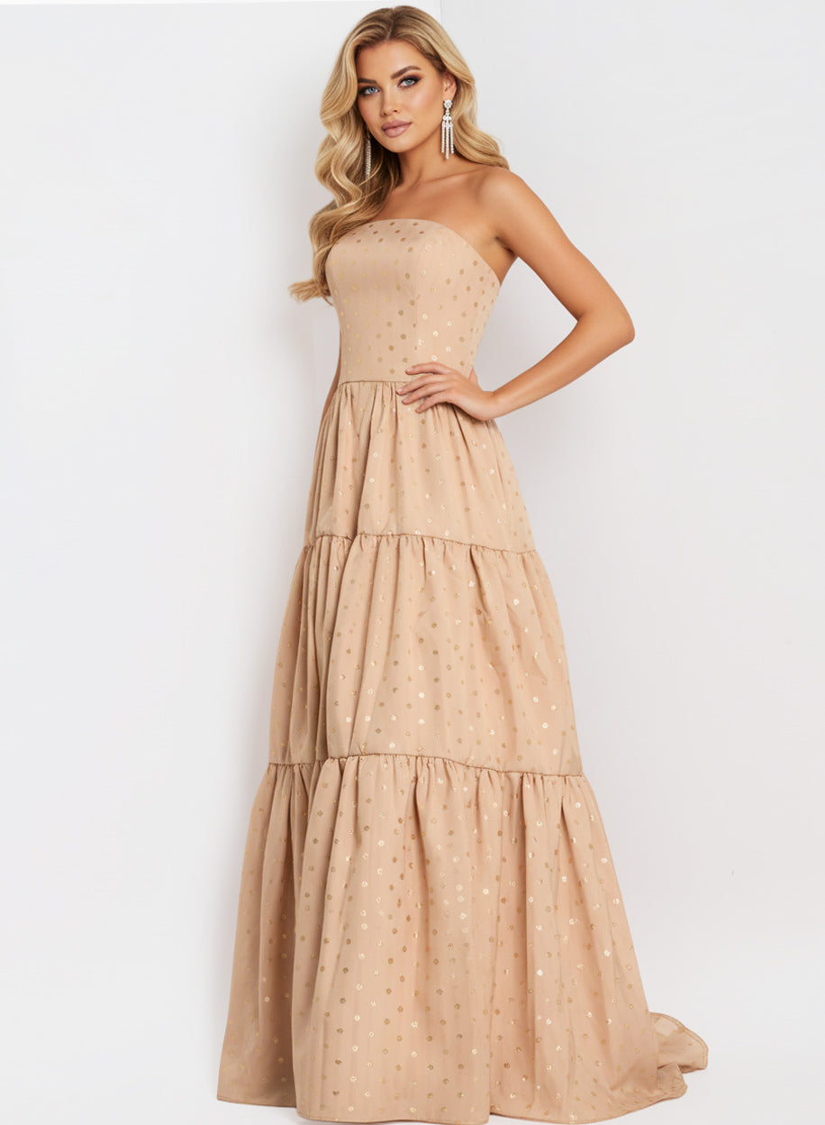 Jovani 49341 - Tiered A-Line Dress with Polka Dot Detail Prom Dresses In Gold