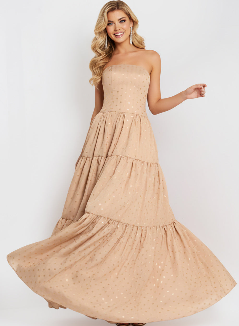 Jovani 49341 - Tiered A-Line Dress with Polka Dot Detail Prom Dresses In Gold