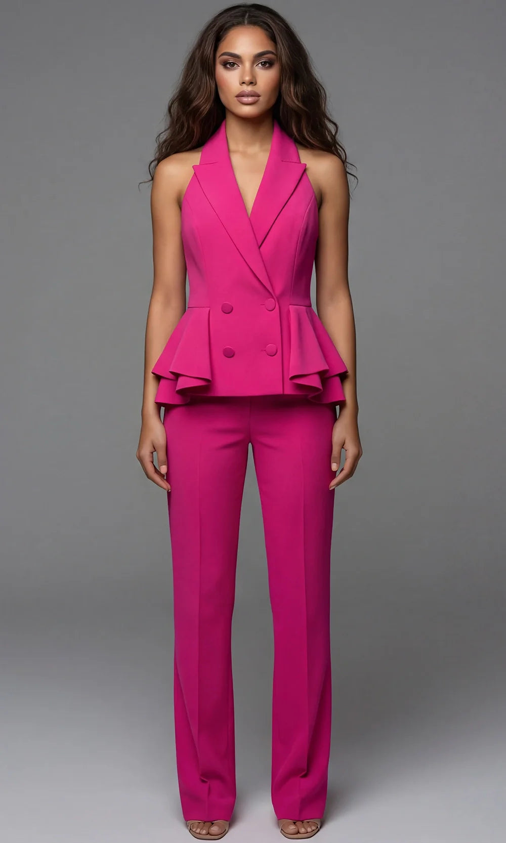 Jovani 49346 - Tailored Halter Straight Leg Pantsuit Formal Pantsuits  in Fuchsia  