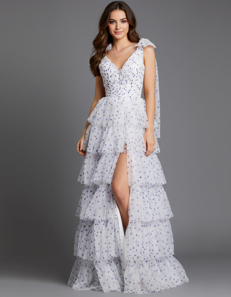 Jovani 49358 - Polka Dot Ruffle Gown with Bow Strap Prom Dresses Slit In White and Purple