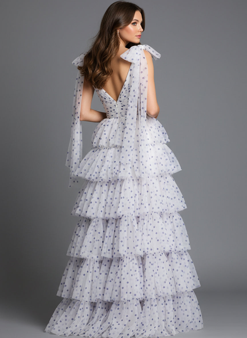 Jovani 49358 - Polka Dot Ruffle Gown with Bow Strap Prom Dresses Slit In White and Purple