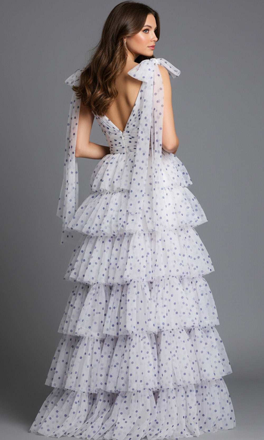 Jovani 49358 - Polka Dot Ruffle Gown with Bow Strap