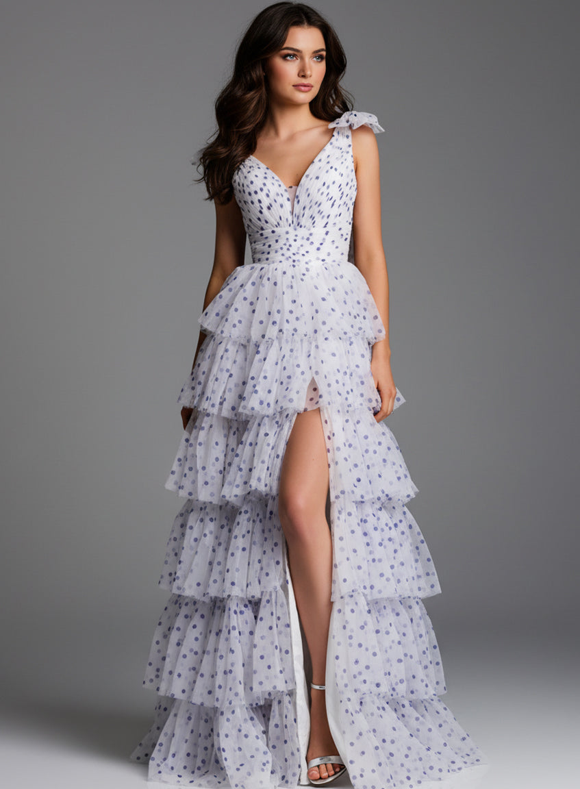 Jovani 49358 - Polka Dot Ruffle Gown with Bow Strap Prom Dresses Slit In White and Purple