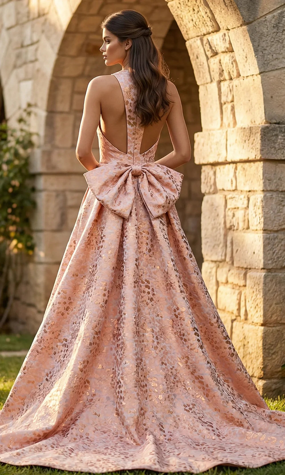 Jovani 49382 - Textured Open Back Long Gown with Overskirt Prom Dresses  in Peach  