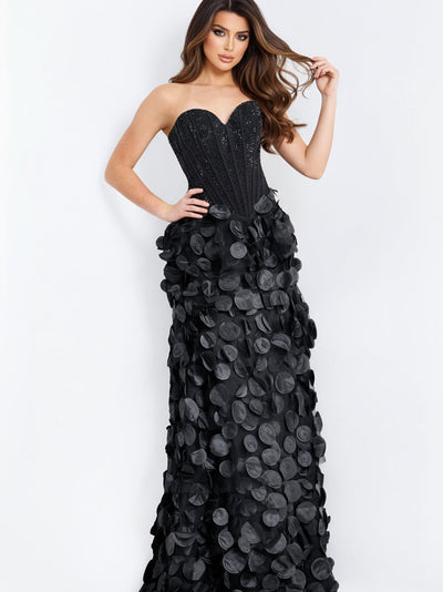 Jovani 49384 - Beaded Corset A-Line Dress with Petal Applique Prom Dresses In Black