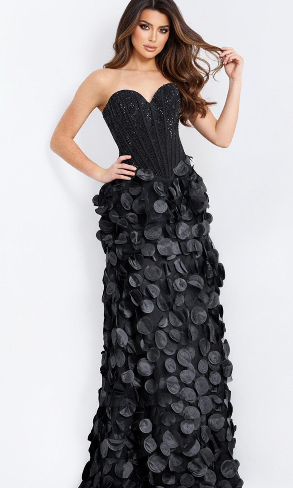 Jovani 49384 - Beaded Corset A-Line Dress with Petal Applique