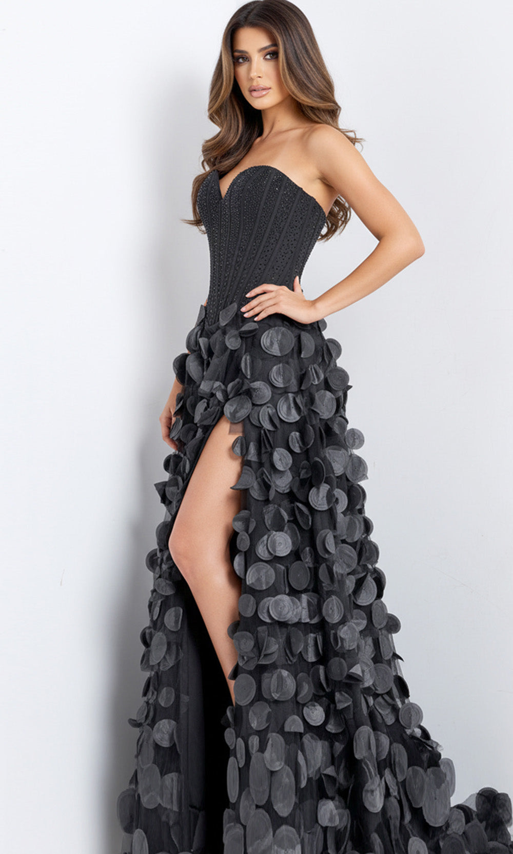 Jovani 49384 - Beaded Corset A-Line Dress with Petal Applique