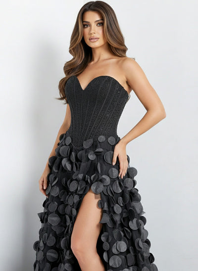 Jovani 49384 - Beaded Corset A-Line Dress with Petal Applique Prom Dresses In Black
