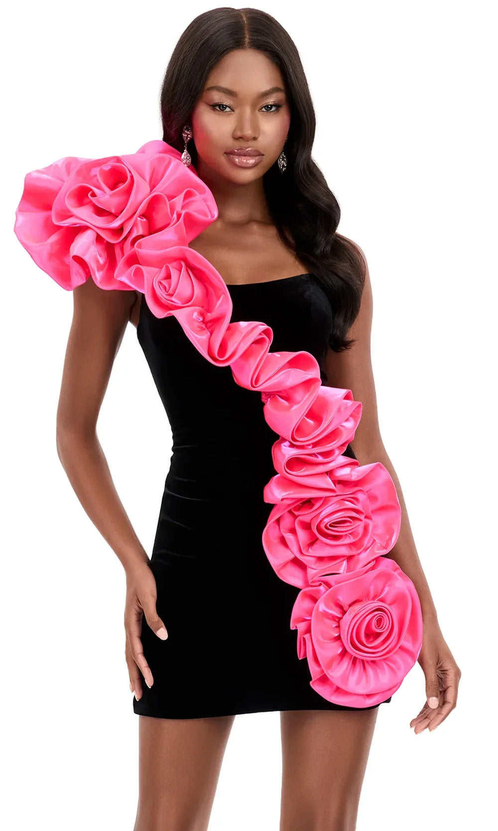 Ashley Lauren 4939 - One Shoulder Sculpted Floral Velvet Dress Cocktail Dresses in Black Hot Pink