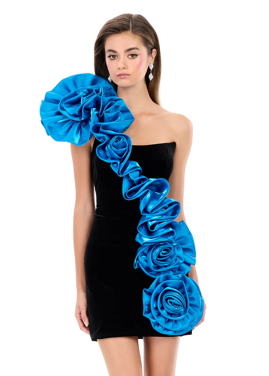 Ashley Lauren 4939 - Statement Rosette Asymmetric Mini Dress