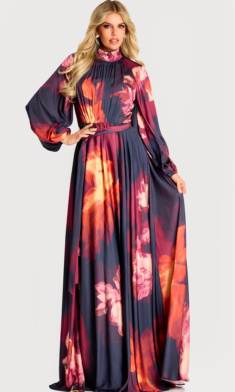 Jovani 49464 - Long Bishop Sleeve Printed A-Line Gown