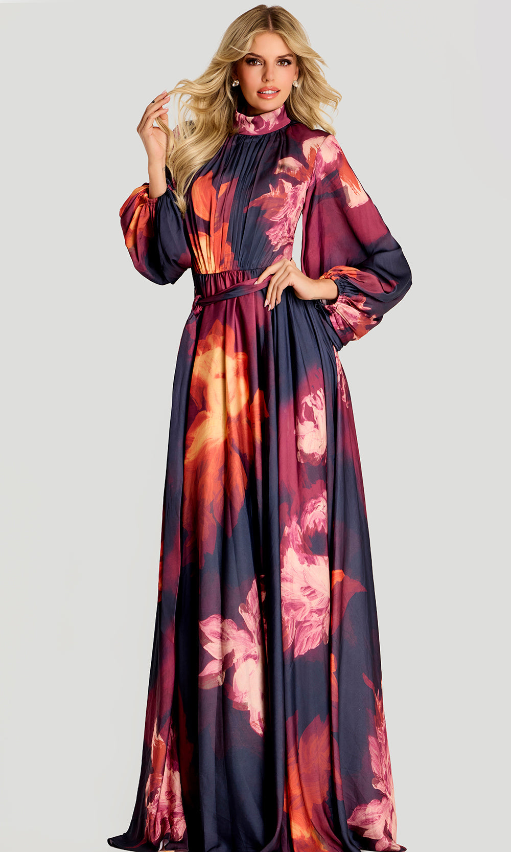 Jovani 49464 - Long Bishop Sleeve Printed A-Line Gown