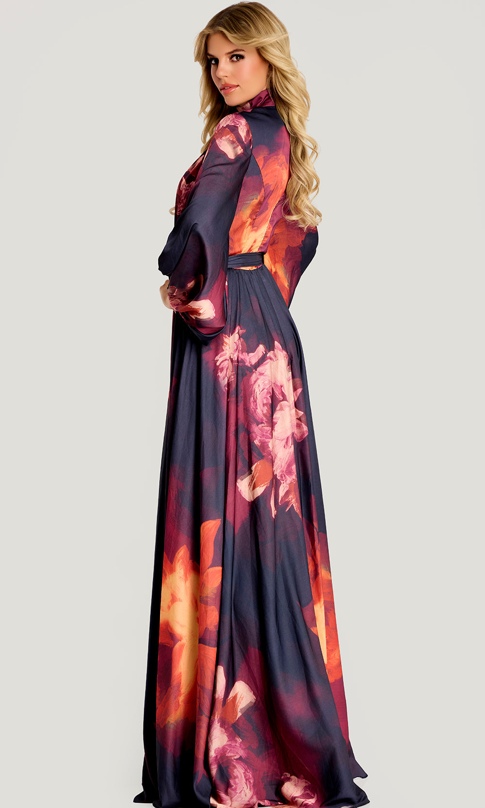 Jovani 49464 - Long Bishop Sleeve Printed A-Line Gown