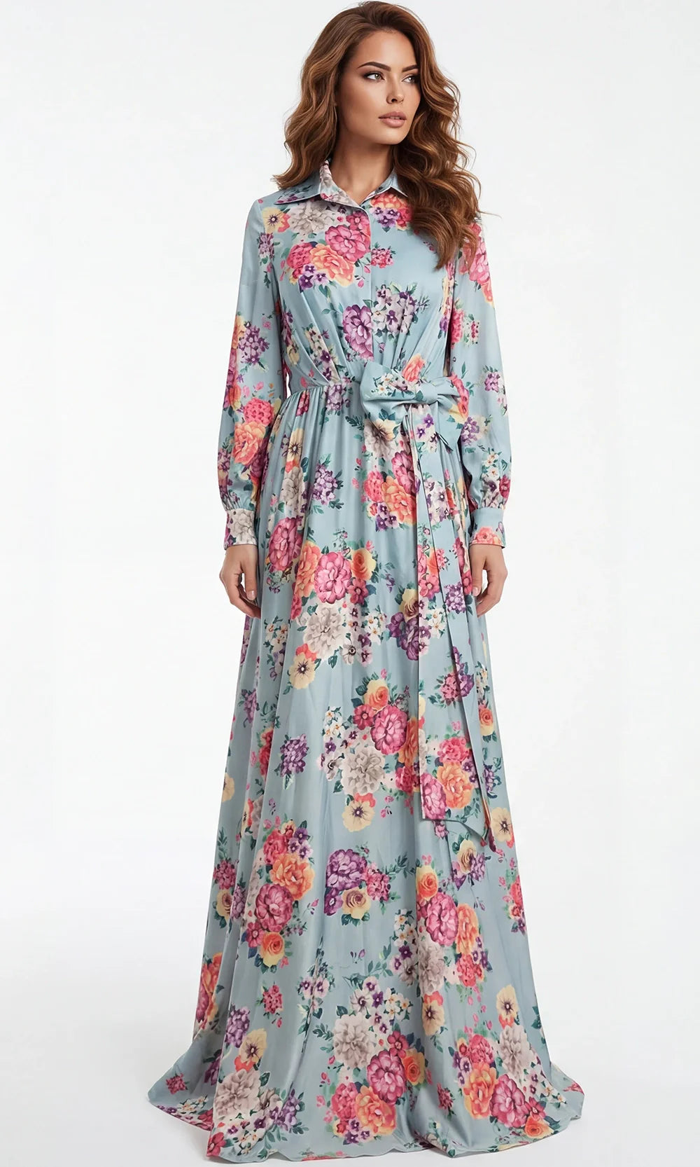 Jovani 49470 - Allover Floral Long Sleeve Gown with Waist Tie Mother of the Bride Dresses  in Print  