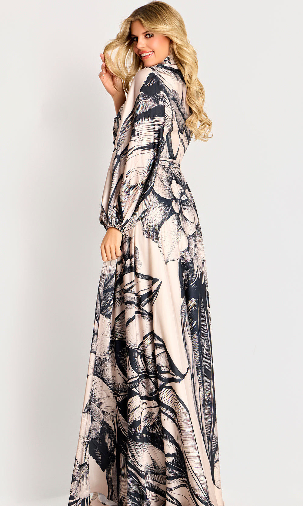 jovani 49500 - bishop sleeve floral print gown