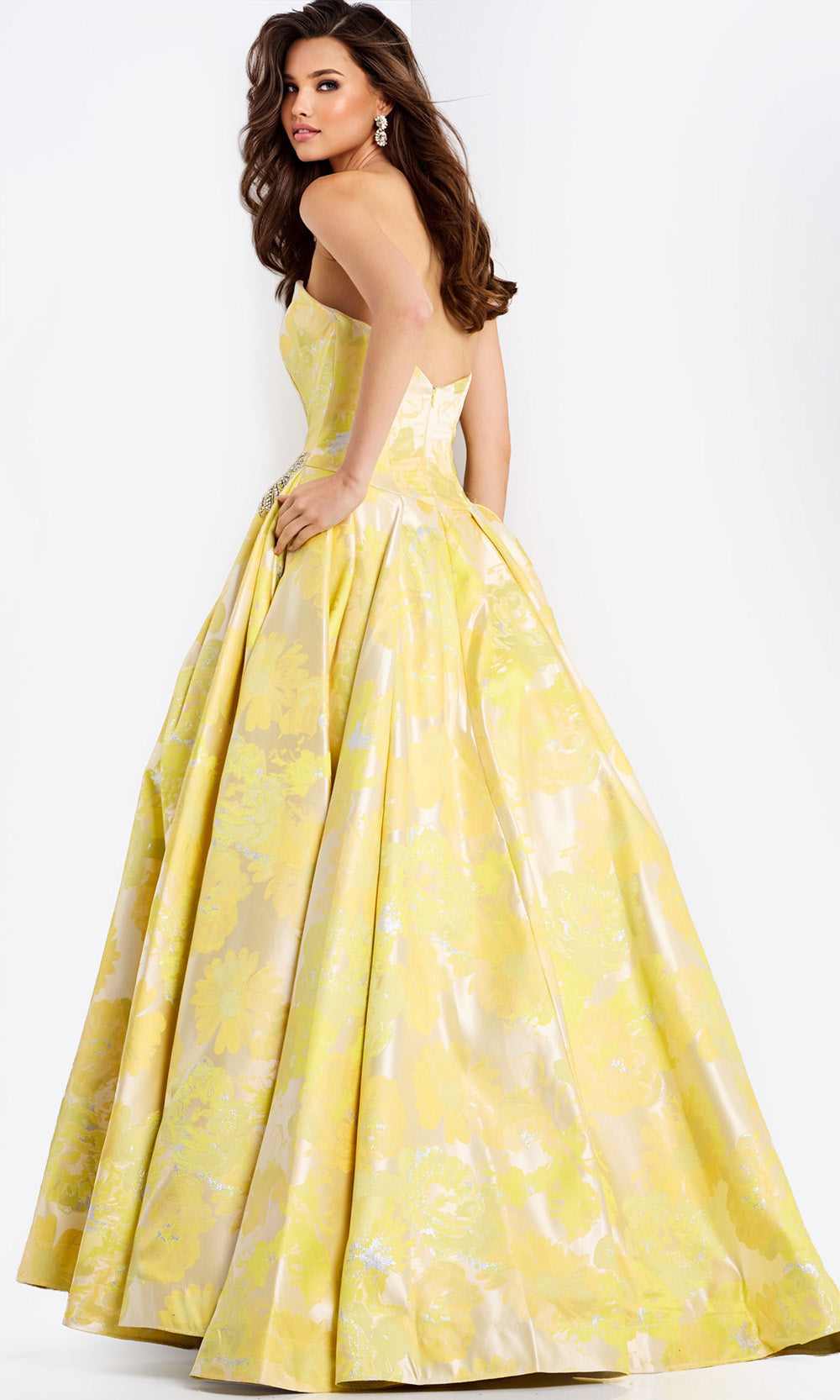 Jovani 49502 - Floral Texture Strapless Ballgown with Pockets Ball Gowns
