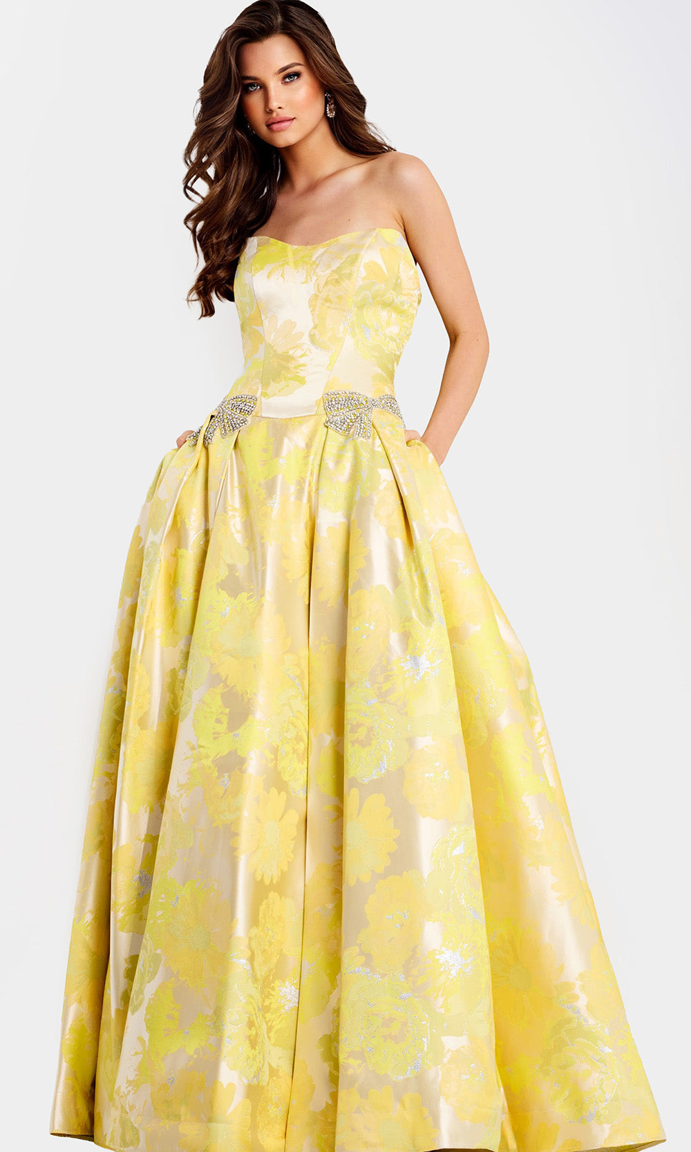 Jovani 49502 - Floral Texture Strapless Ballgown with Pockets