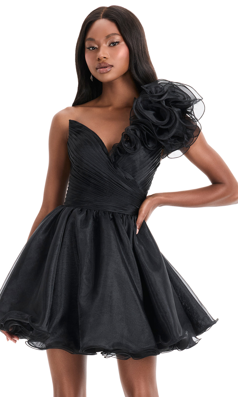 Ashley Lauren 4958 - Floral Detail One Shoulder Organza Dress in Black