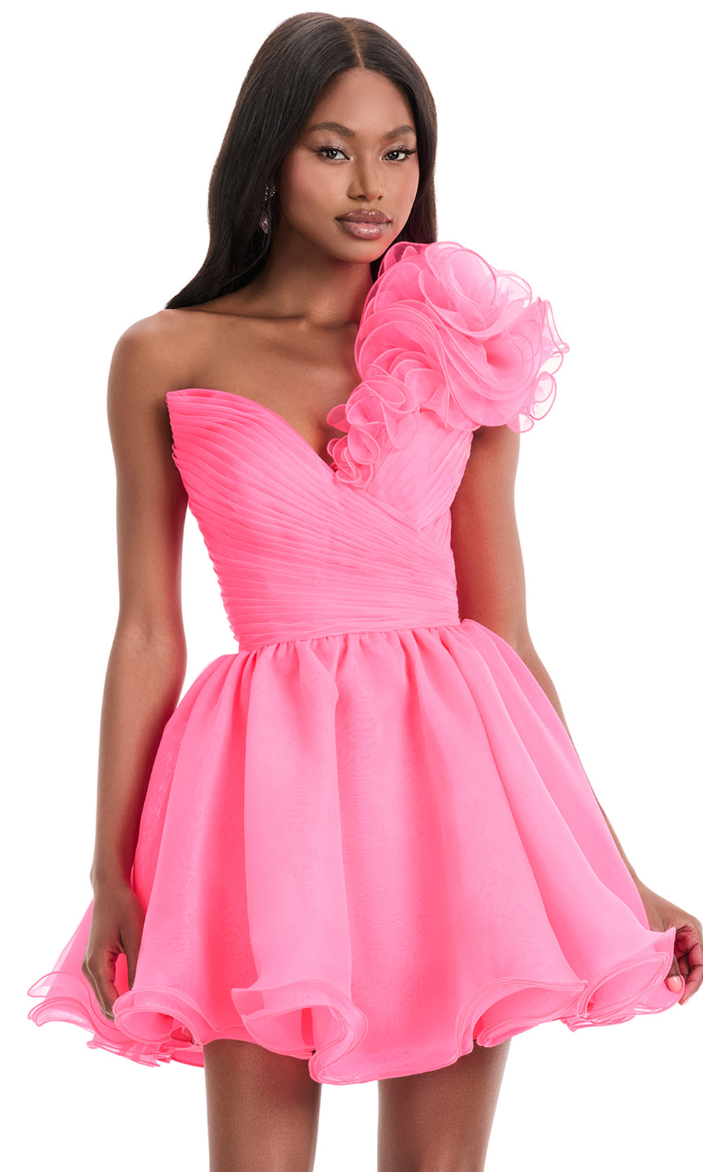 Ashley Lauren 4958 - Floral Detail One Shoulder Organza Dress in Hot Pink