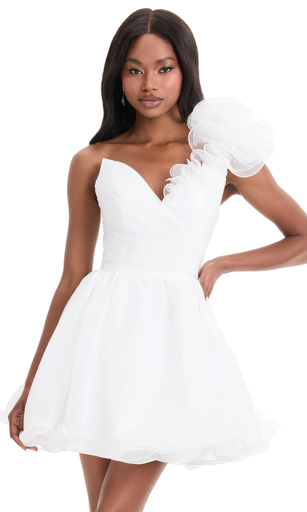 Ashley Lauren 4958 - Floral Detail One Shoulder Organza Dress in Ivory