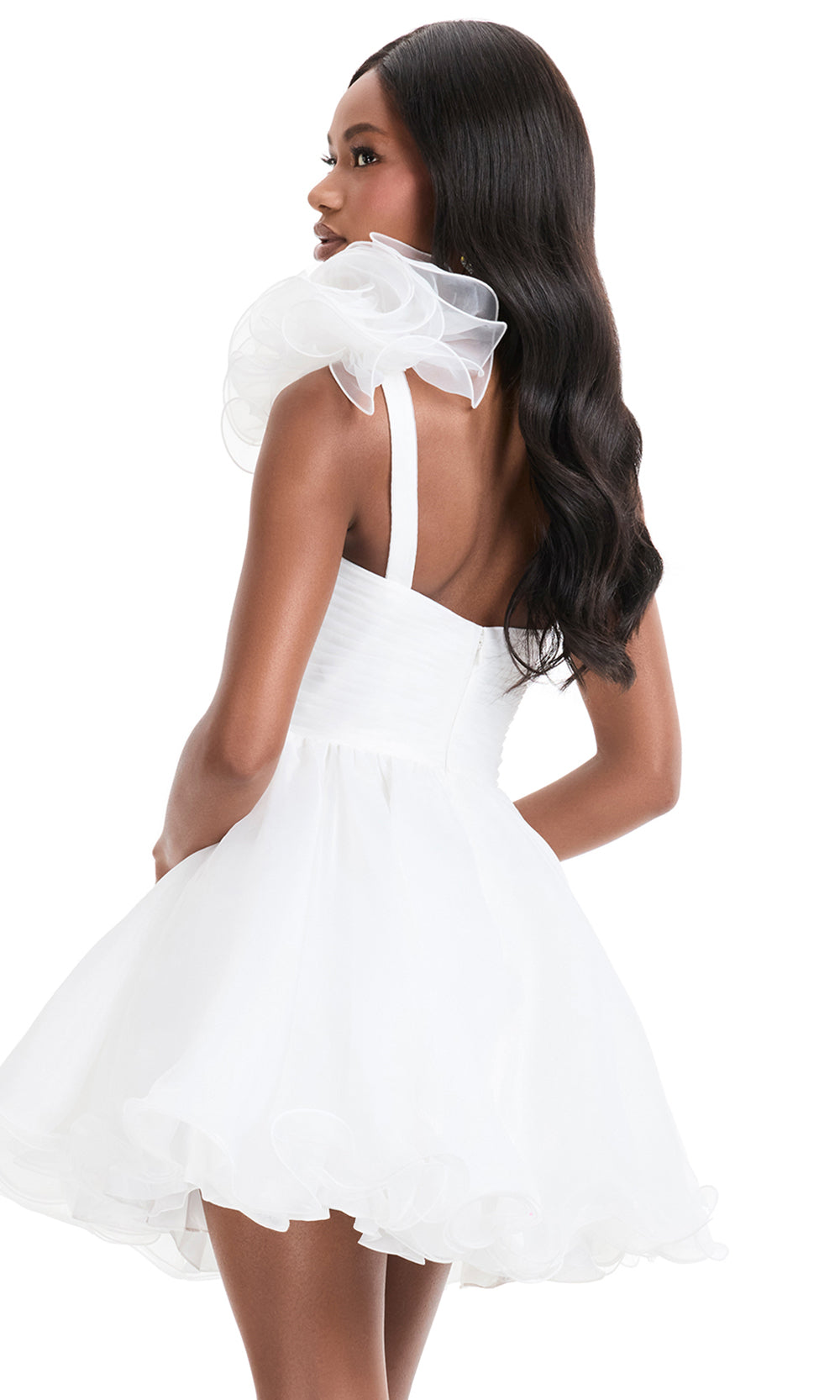 Ashley Lauren 4958 - Floral Detail One Shoulder Organza Dress in Ivory