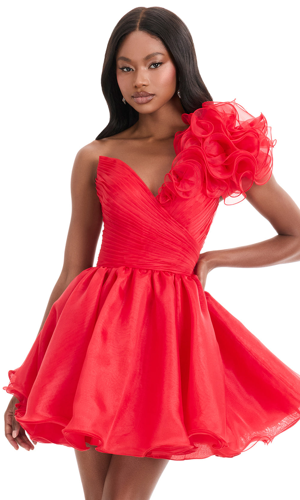 Ashley Lauren 4958 - Floral Detail One Shoulder Organza Dress in Red 