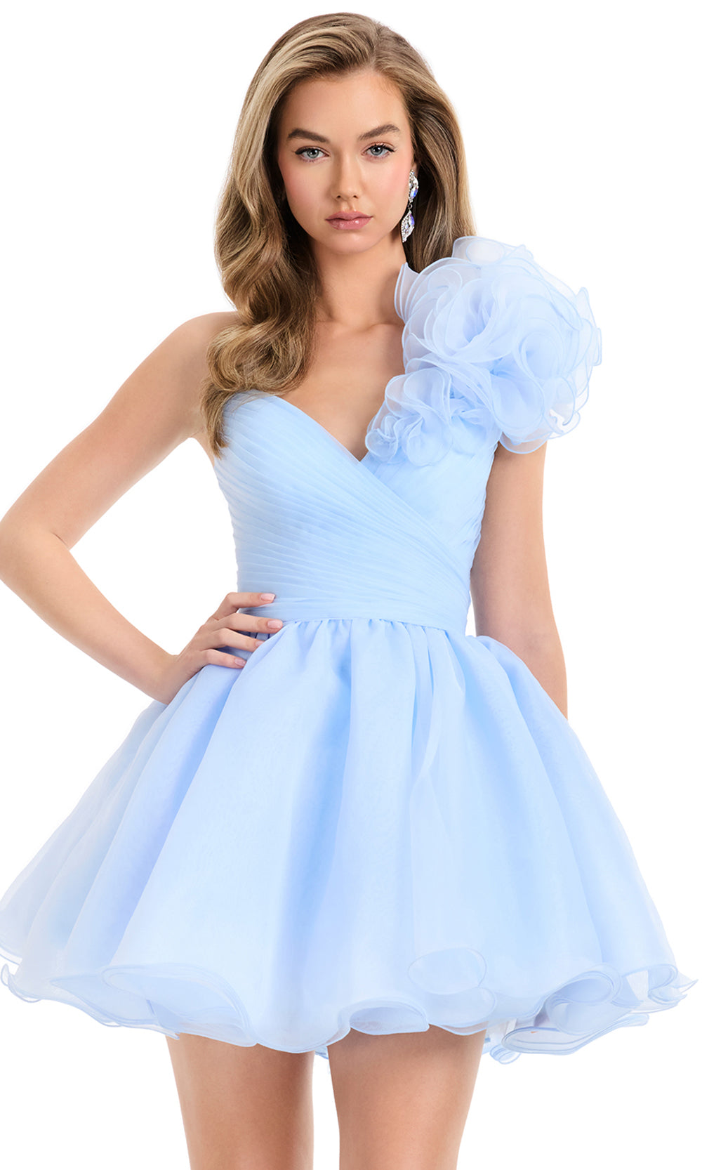 Ashley Lauren 4958 - Floral Detail One Shoulder Organza Dress in Sky