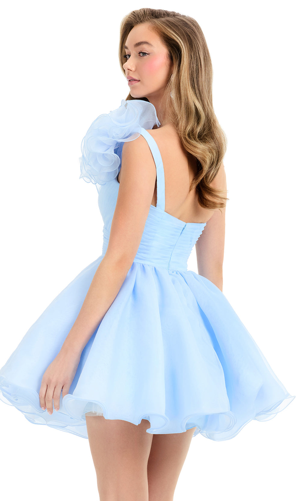 Ashley Lauren 4958 - Floral Detail One Shoulder Organza Dress in Sky