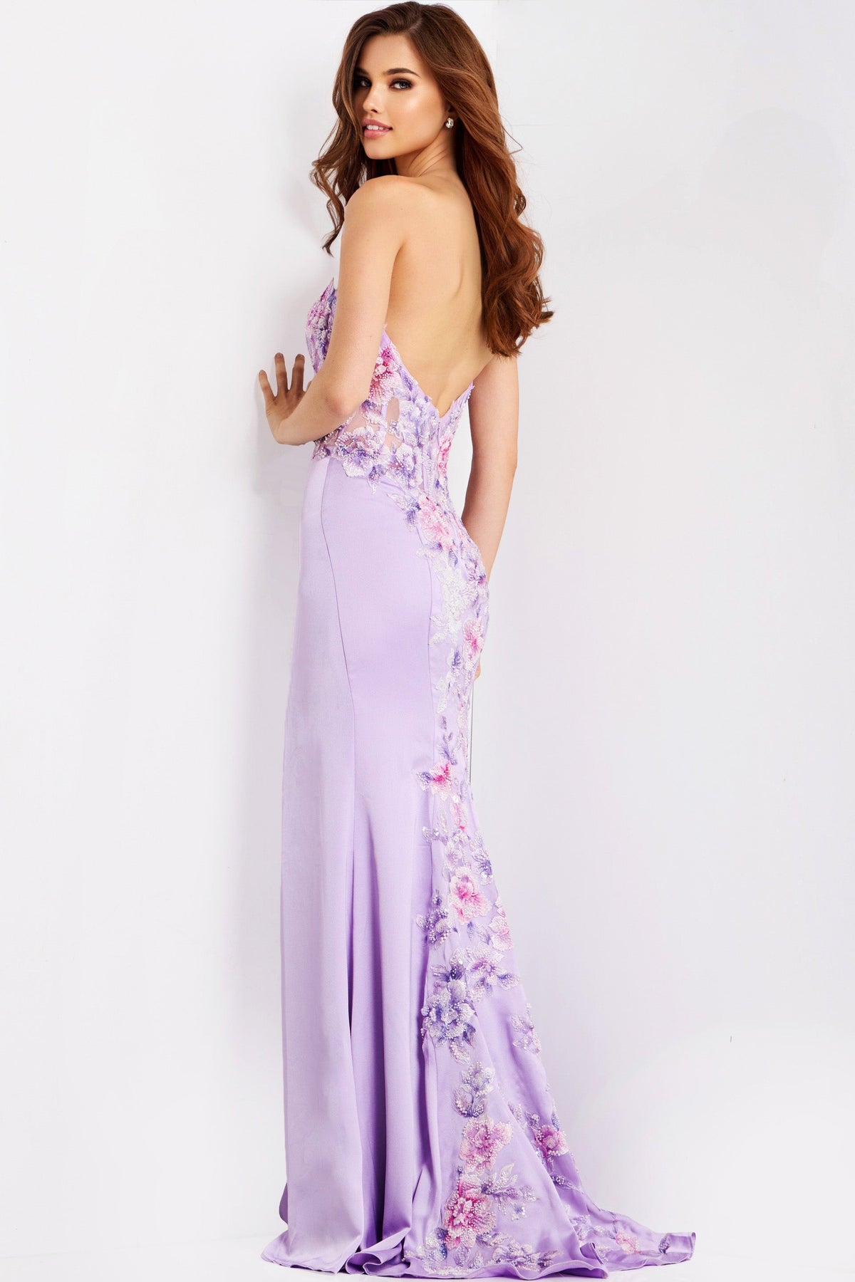 Jovani 49629 - Embroidered Open Back Sheath Dress Prom Dresses in In Purple