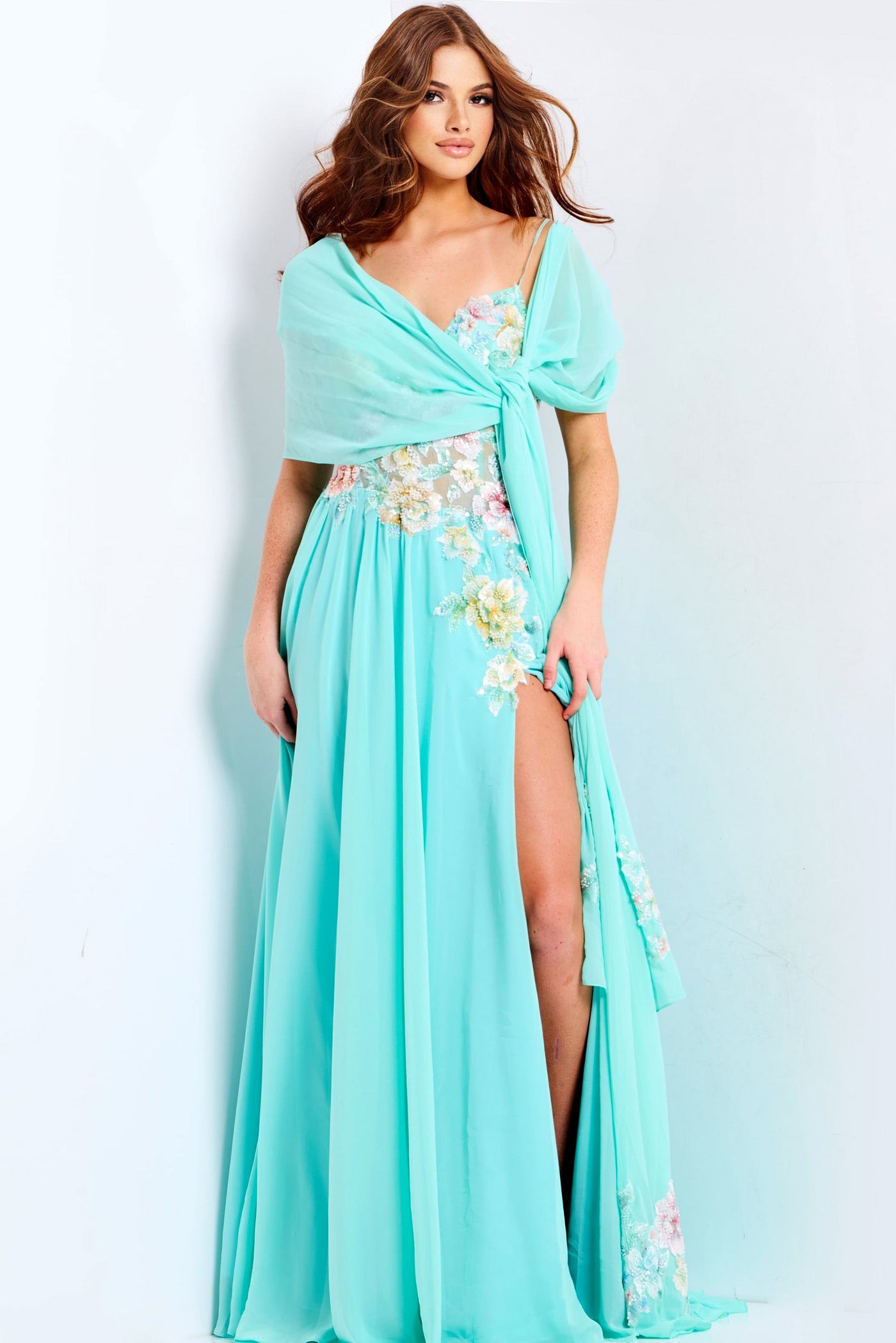 Jovani 49633 - V-Neckline Flowy Dress with Floral Embroidery Prom Dresses In Blue