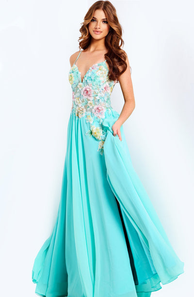 Jovani 49633 - V-Neckline Flowy Dress with Floral Embroidery Prom Dresses In Blue