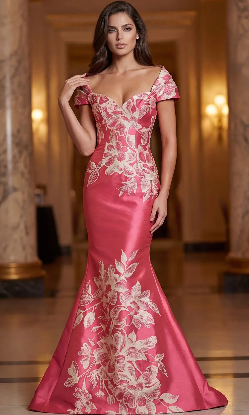 Jovani 49641 - Floral Off Shoulder Flared Gown Pageant Dresses  in Fuchsia  