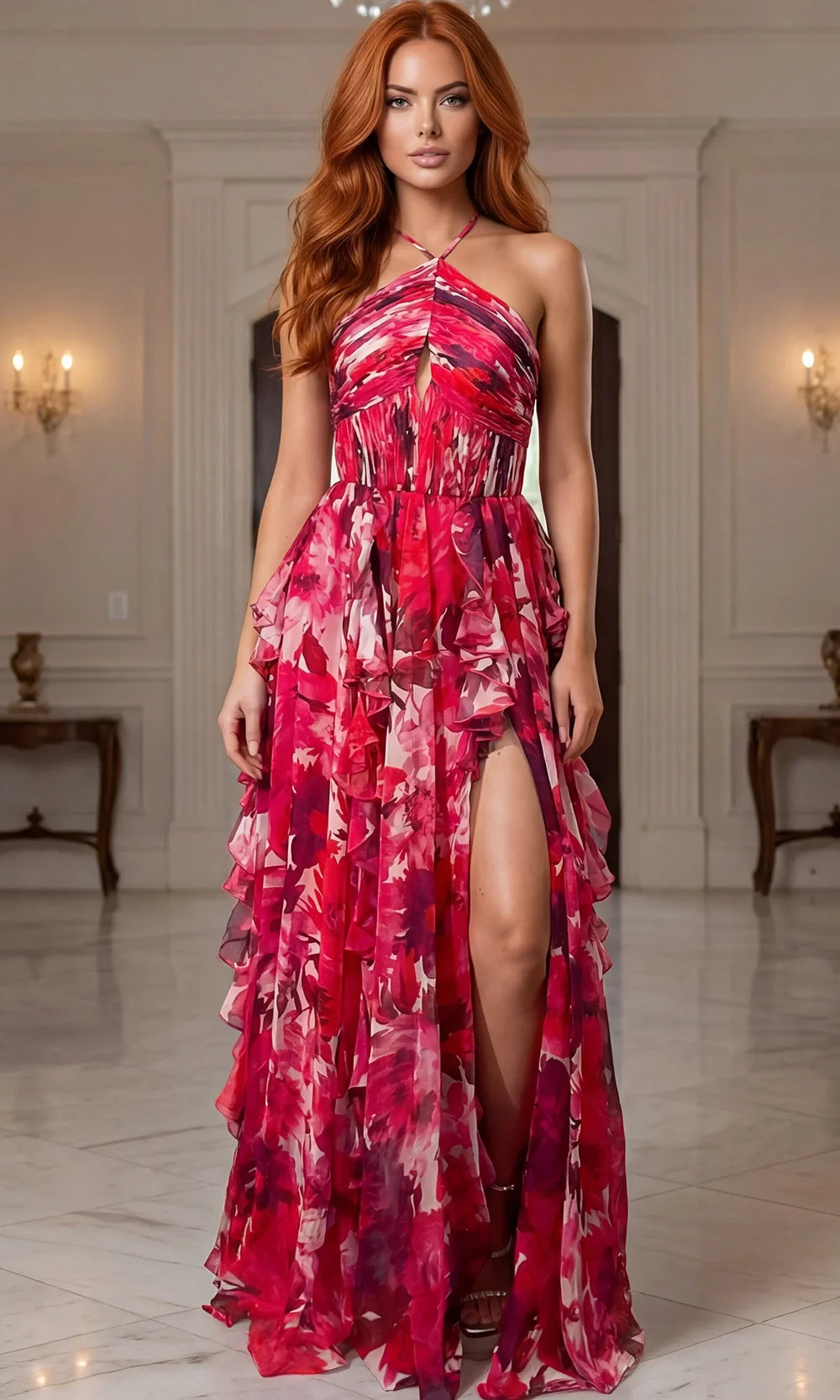 Jovani 49644 - Printed A-Line Gown with High Slit Wedding Guest  in Print  