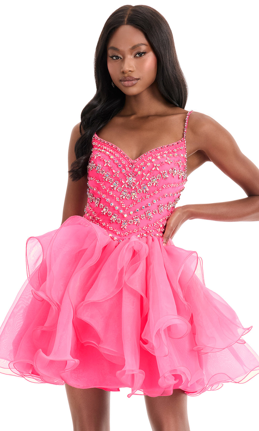 Ashley Lauren 4964 - Ruffled Organza Min i A-Lin e Dress in Hot Pink
