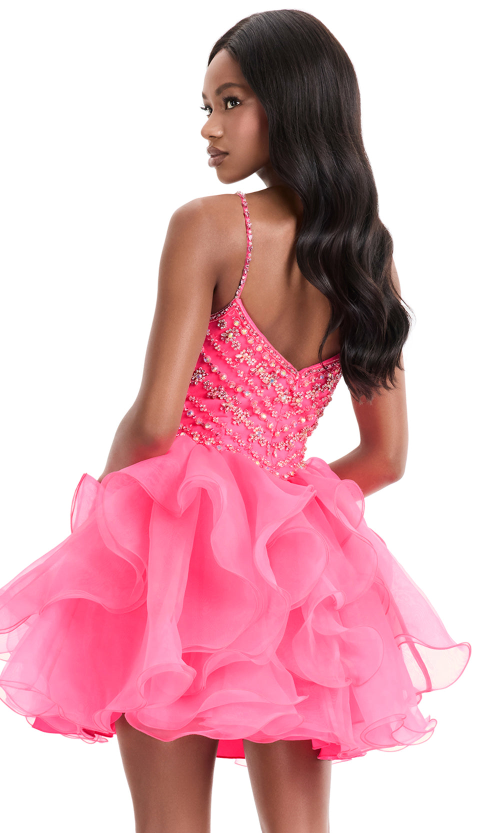 Ashley Lauren 4964 - Ruffled Organza Min i A-Lin e Dress in Hot Pink