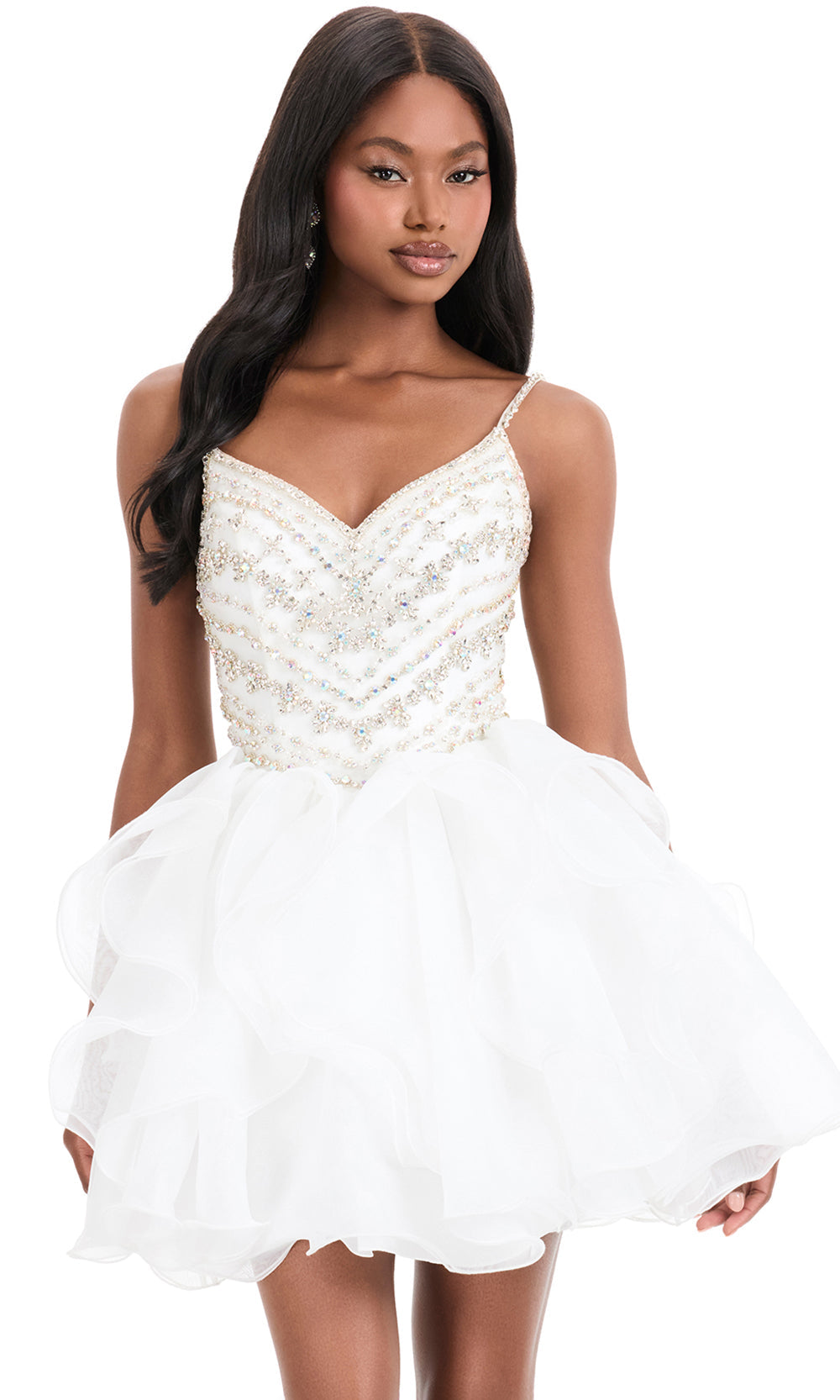 Ashley Lauren 4964 - Ruffled Organza Min i A-Lin e Dress in Ivory