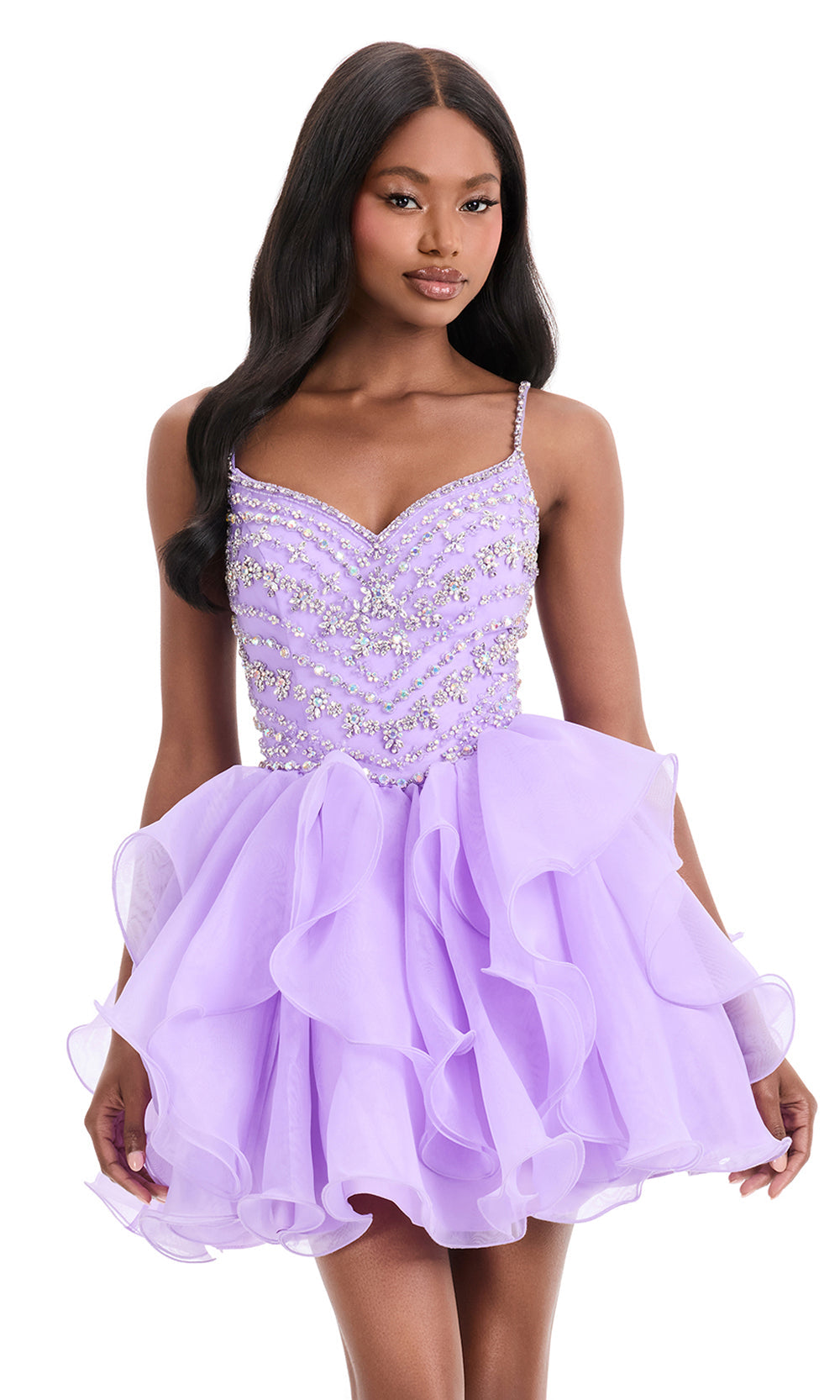 Ashley Lauren 4964 - Ruffled Organza Min i A-Lin e Dress in Orchid
