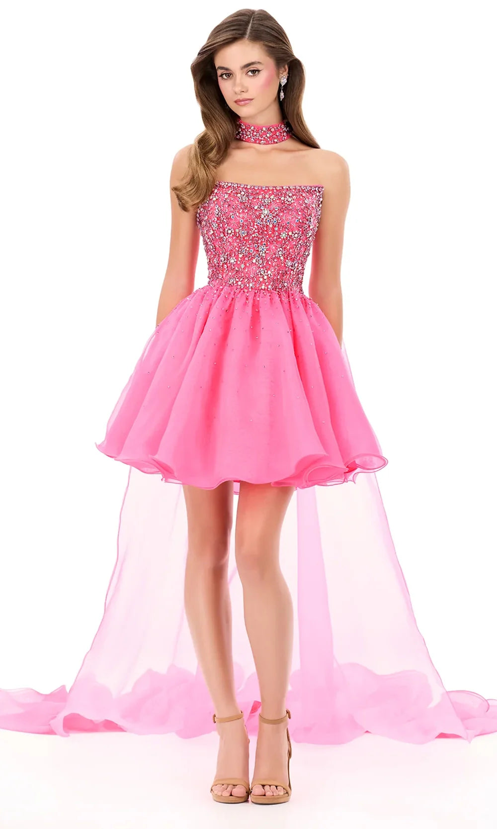 Ashley Lauren 4965 - A-Lin e Beaded Dress with Flowin g Cape Cocktail Dresses in Hot Pink