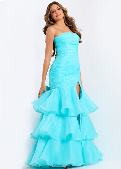 Jovani 49667 - Ruched Straight Neckline Tiered Dress Prom Dresses in In Blue