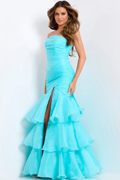Jovani 49667 - Ruched Straight Neckline Tiered Dress Prom Dresses in In Blue