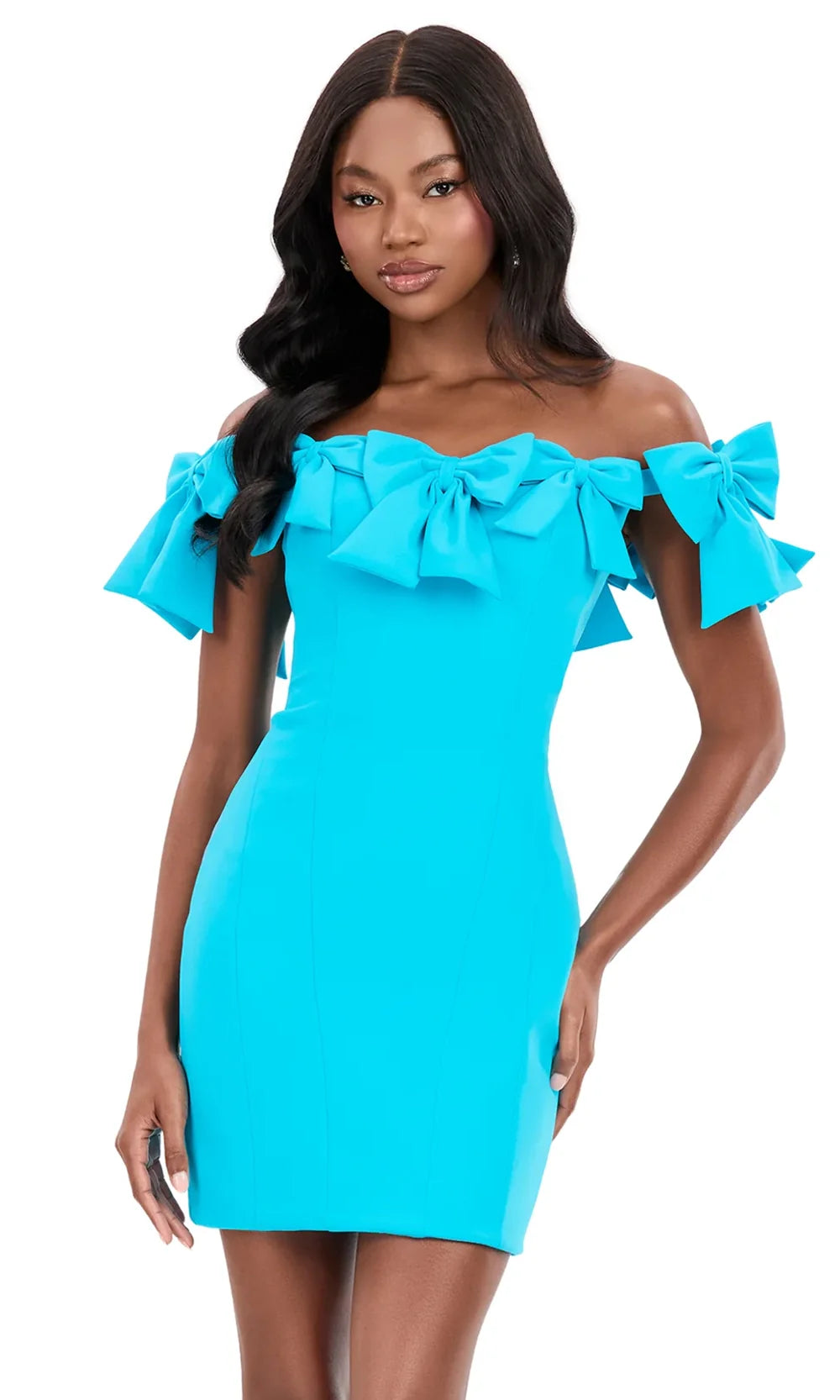 Ashley Lauren 4966 - Bow Accent Off Shoulder Min i Dress Cocktail Dresses in Tuequoise