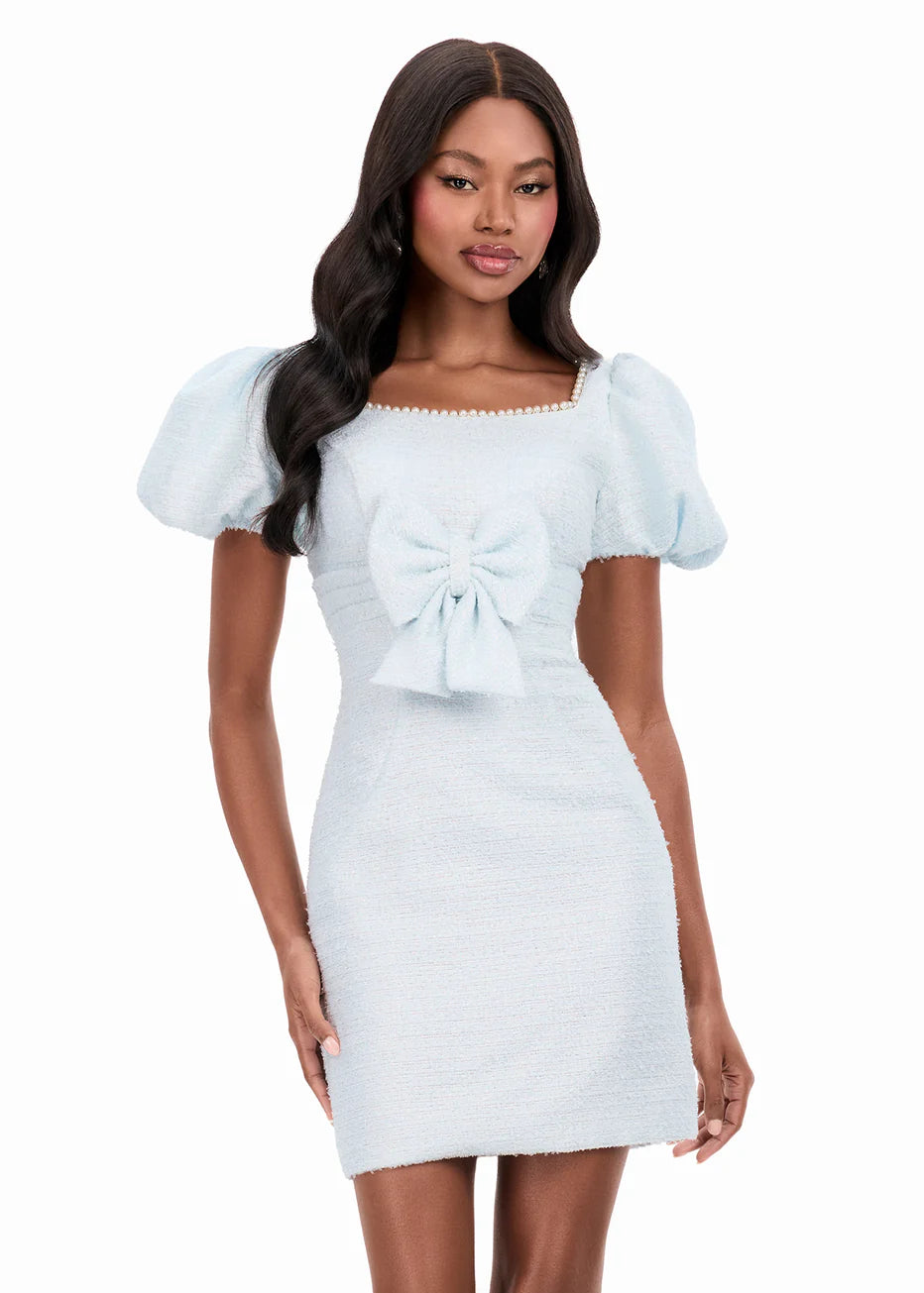 Ashley Lauren 4970 - Pearl Trim Square Neck Tweed Cocktail Dress