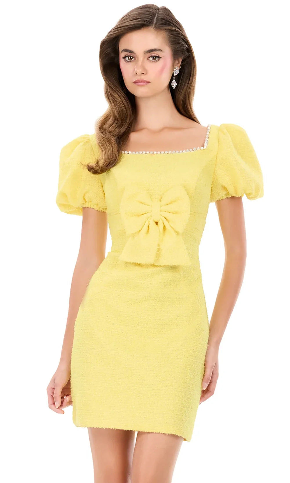 Ashley Lauren 4970 - Puff Sleeve Bow Front Min i Dress Cocktail Dresses in Yellow