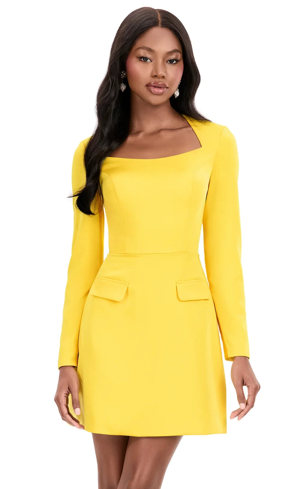Ashley Lauren 4971 - Long Sleeve Square Neck Crepe Dress Cocktail Dresses In Yellow
