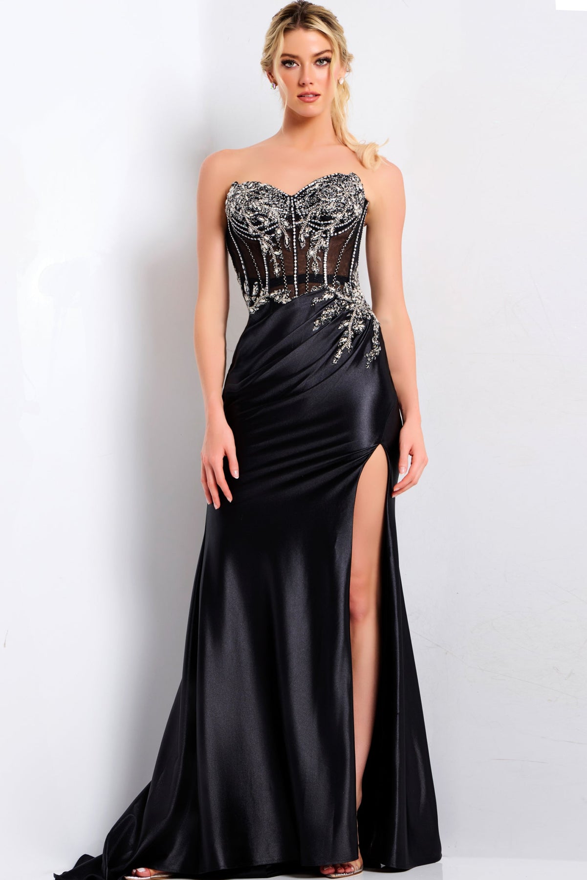 jovani black corset dress Jovani 43848 Side Tail Lace Corset Strapless Dress
