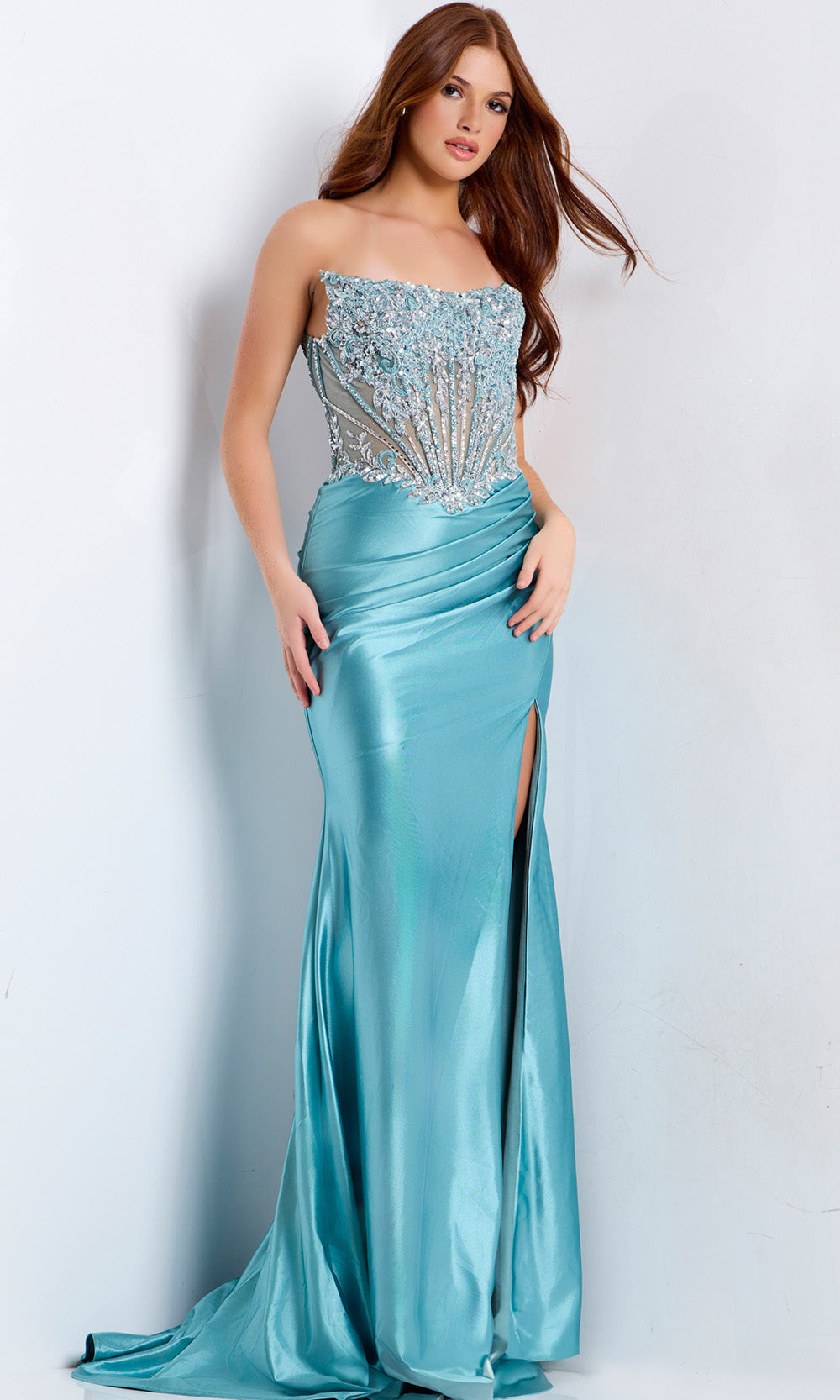 Jovani 49721 - Beaded Top Strapless Satin Dress