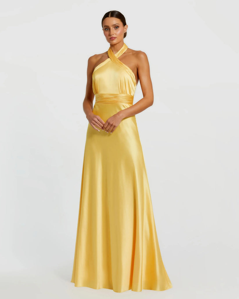 Ieena Duggal 49728 - Ruched Halter Back Tie Evening Dress Formal Gowns in Yellow