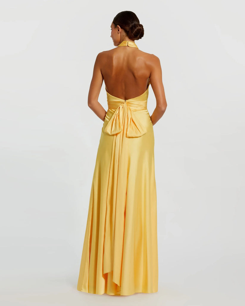 Ieena Duggal 49728 - Ruched Halter Back Tie Evening Dress Formal Gowns in Yellow