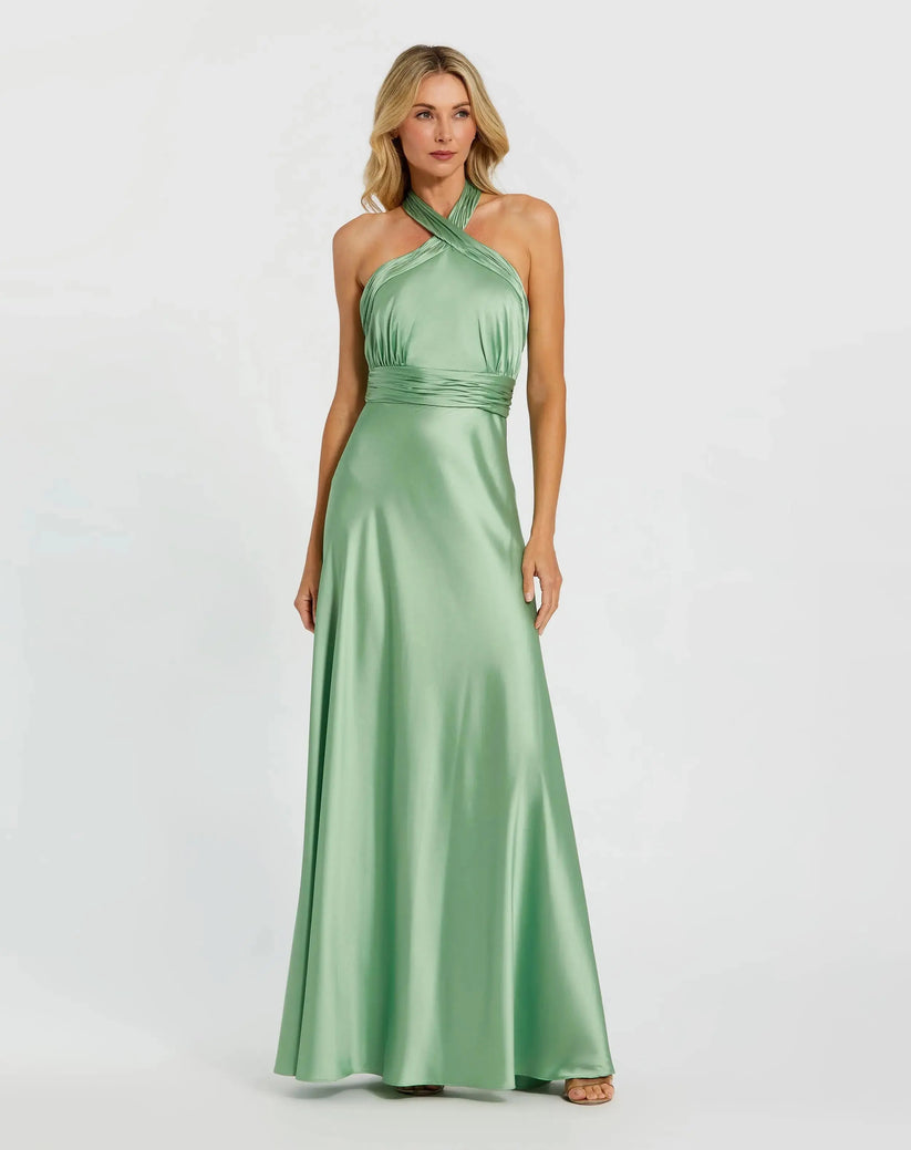 Ieena Duggal 49728 - Ruched Halter Back Tie Evening Dress Formal Gowns in Green