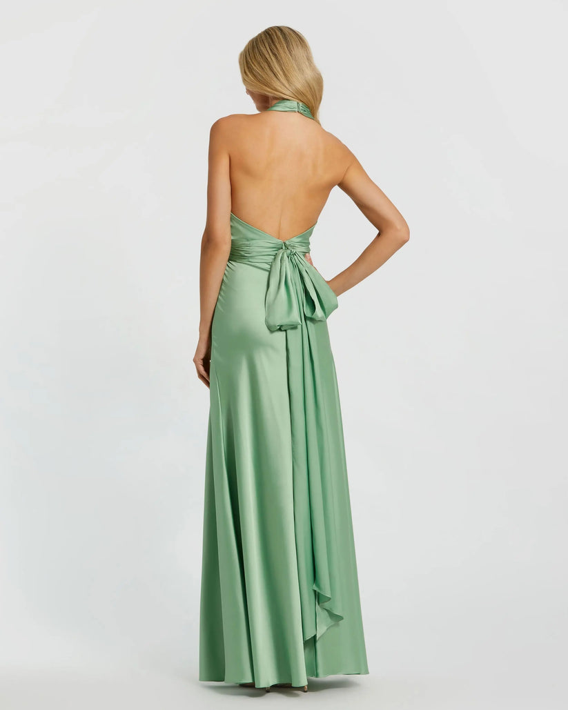 Ieena Duggal 49728 - Ruched Halter Back Tie Evening Dress Formal Gowns in Green